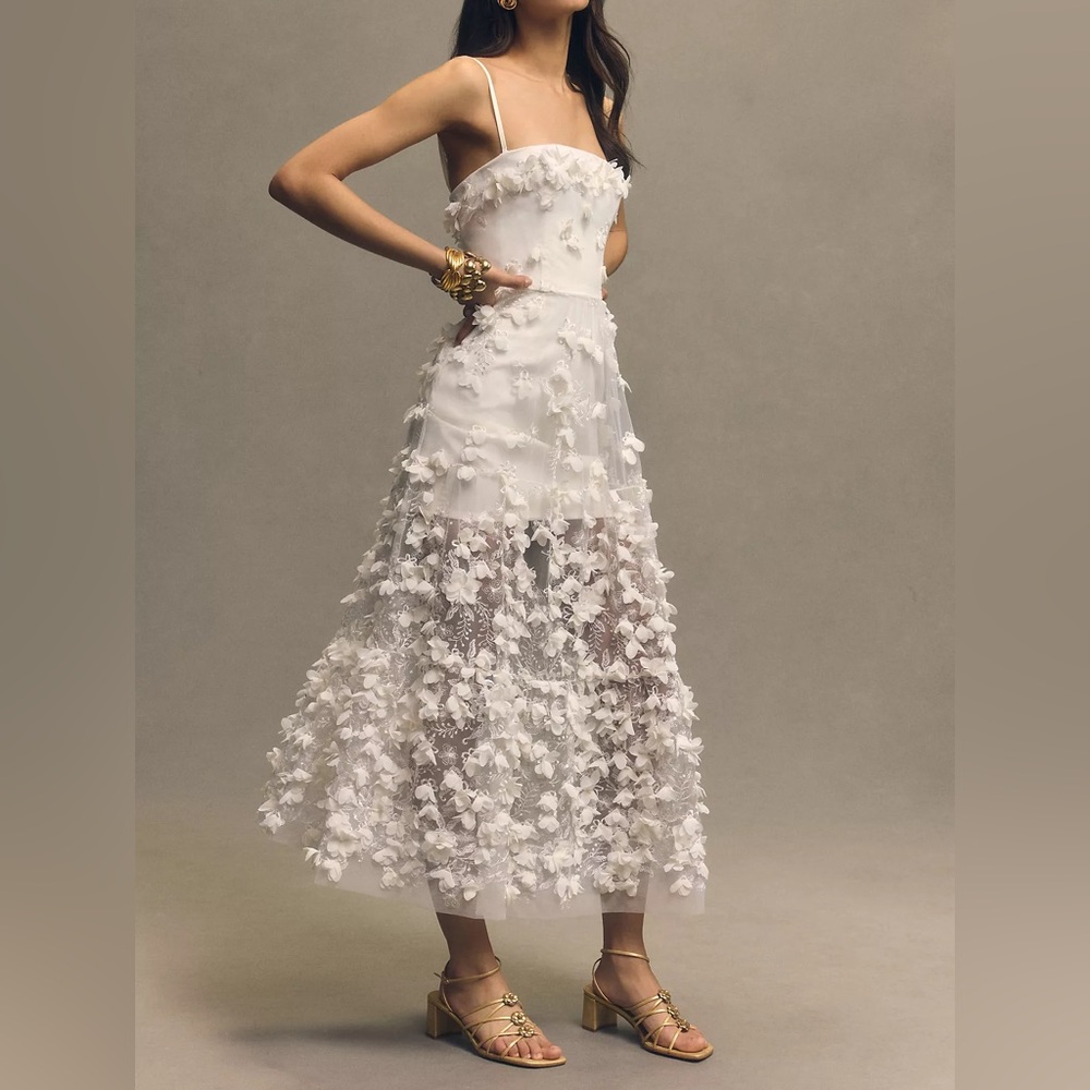 NWT Helsi Audrey Square Neck Strapless Ivory Floral Appliqué Midi Dress M